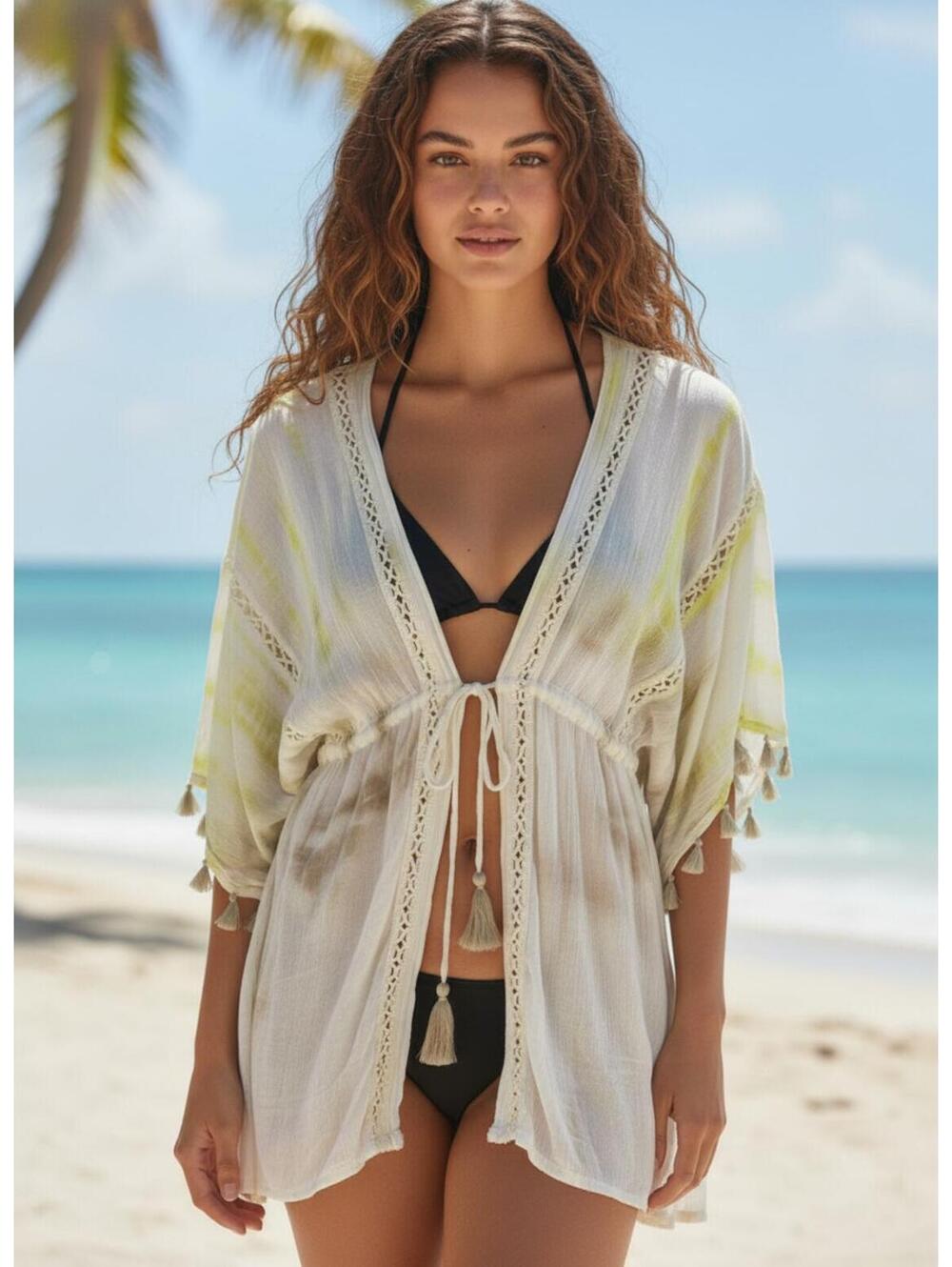 NWT Vince Camuto Lace Insert Tassel Trim Swim Cover-up Top Yellow - One Size
